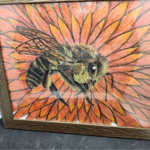 Hand Crafted Bee Flower Colored Pencil Drawing Framed 9x11" - Picture 2 of 14